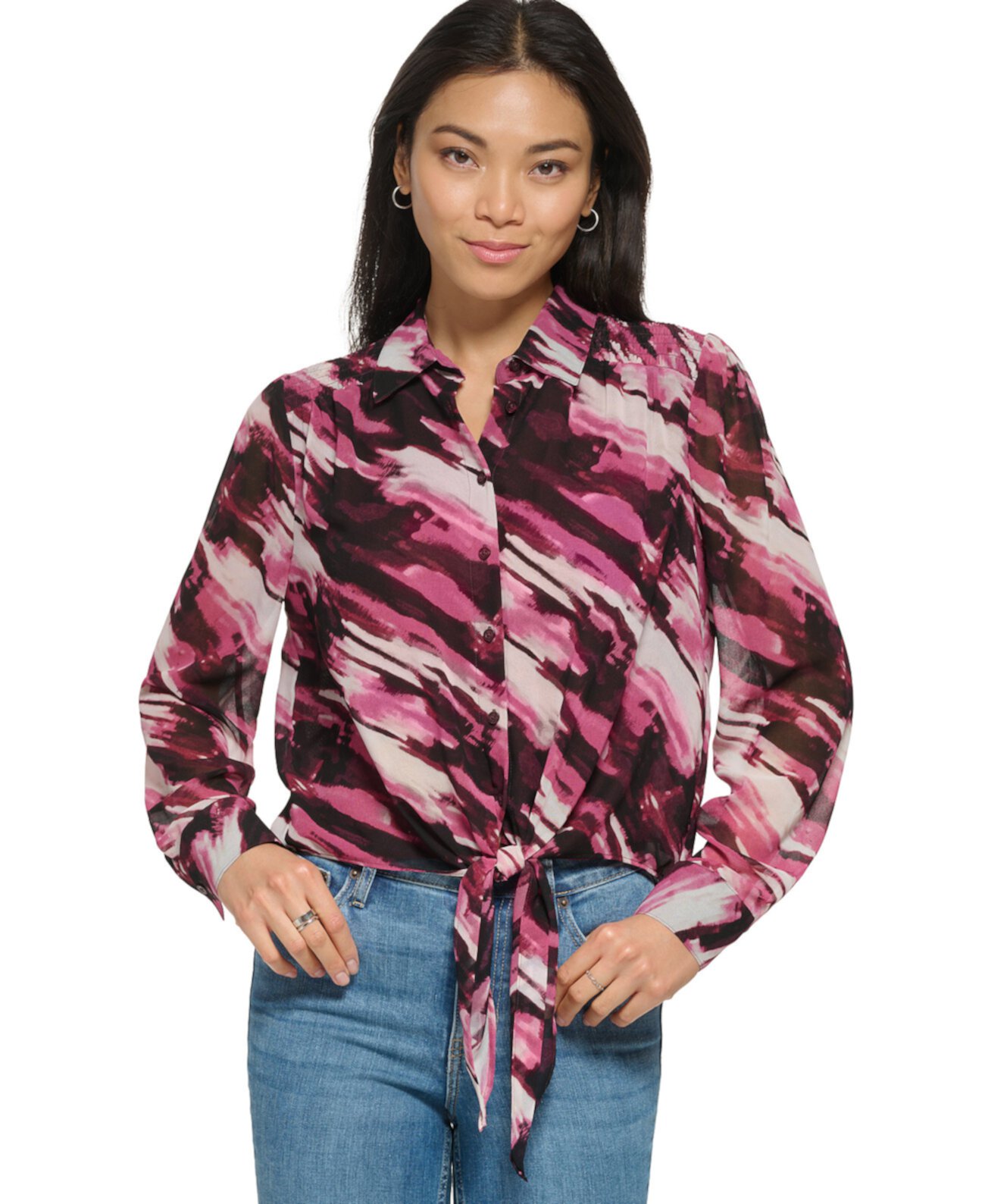 Блузка на пуговицах с длинным рукавом и завязками спереди Calvin Klein