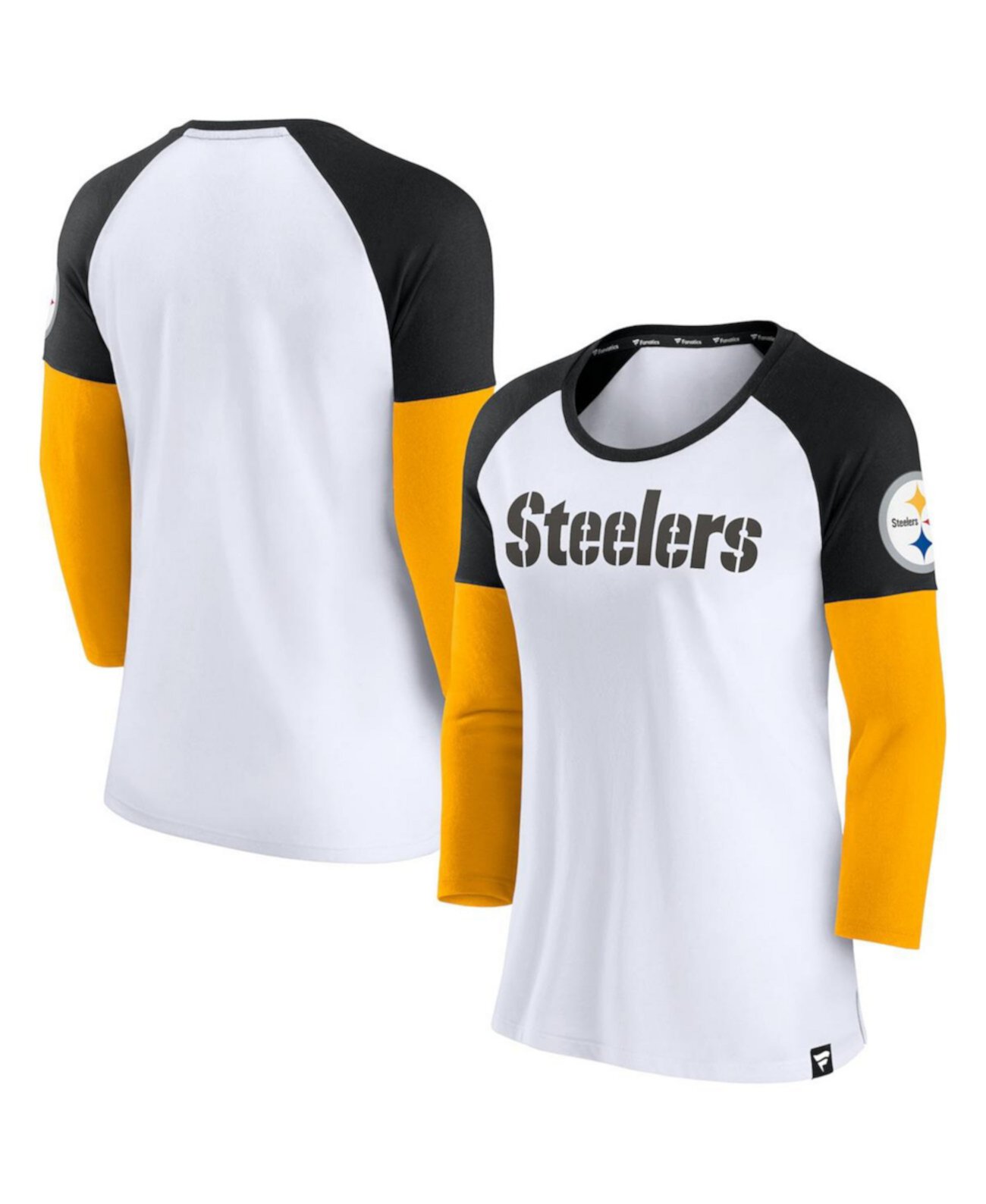 Женская бело-черная футболка Pittsburgh Steelers Durable Raglan с рукавами 3/4 Fanatics