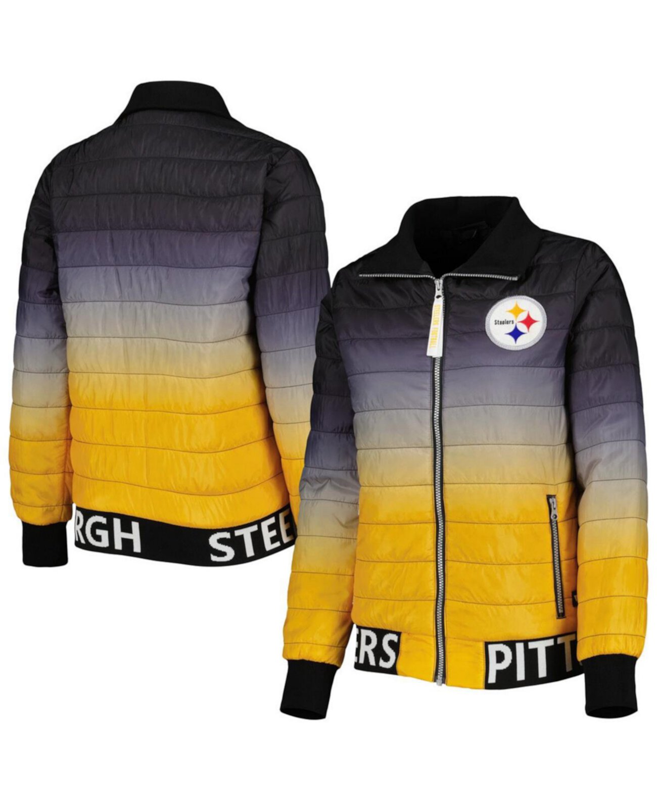 Женская куртка-пуховик Pittsburgh Steelers Color Block с молнией во всю длину черного и золотого цветов The Wild Collective