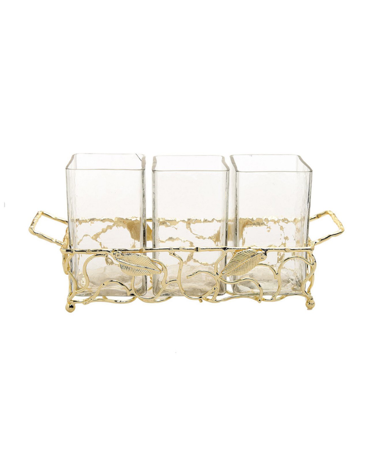 Gold-Tone Leaf Cutlery Holder with Hammered Glass Inserts Classic Touch