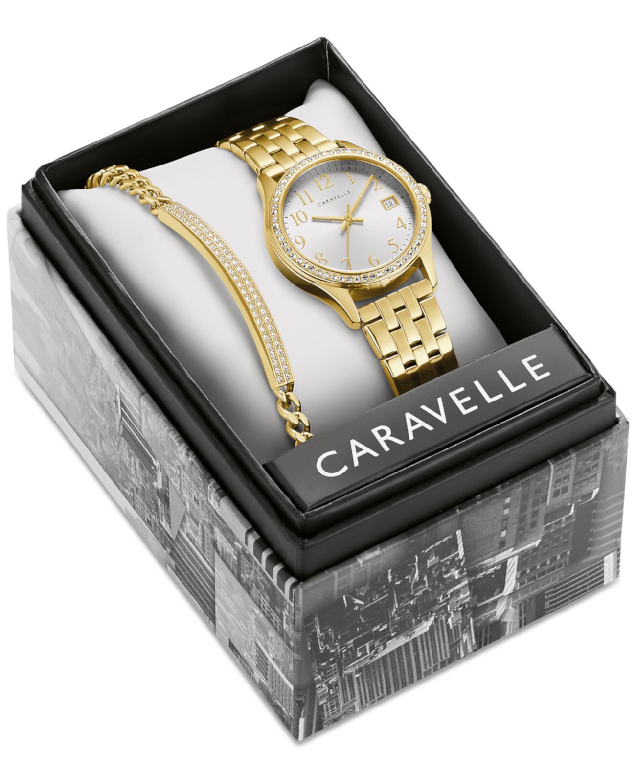 Подарочный набор женских золотых часов с кристаллами и браслетом из нержавеющей стали 32 мм Caravelle