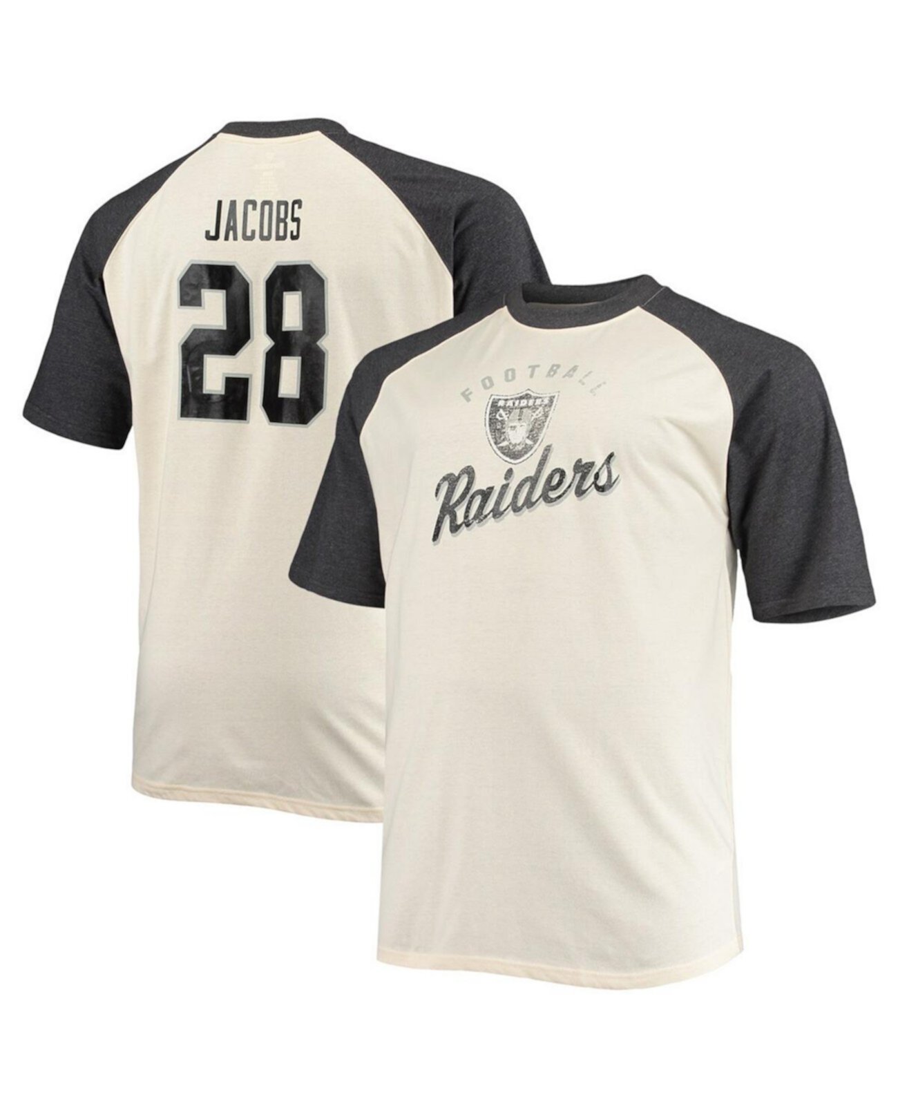 Мужская футболка Josh Jacobs Oatmeal Las Vegas Raiders Big and Tall Player с именем и номером реглан Profile