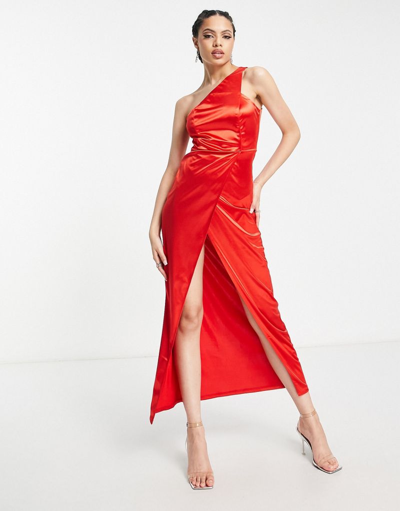 Красное платье макси из силового атласа на одно плечо Femme Luxe Femme Luxe