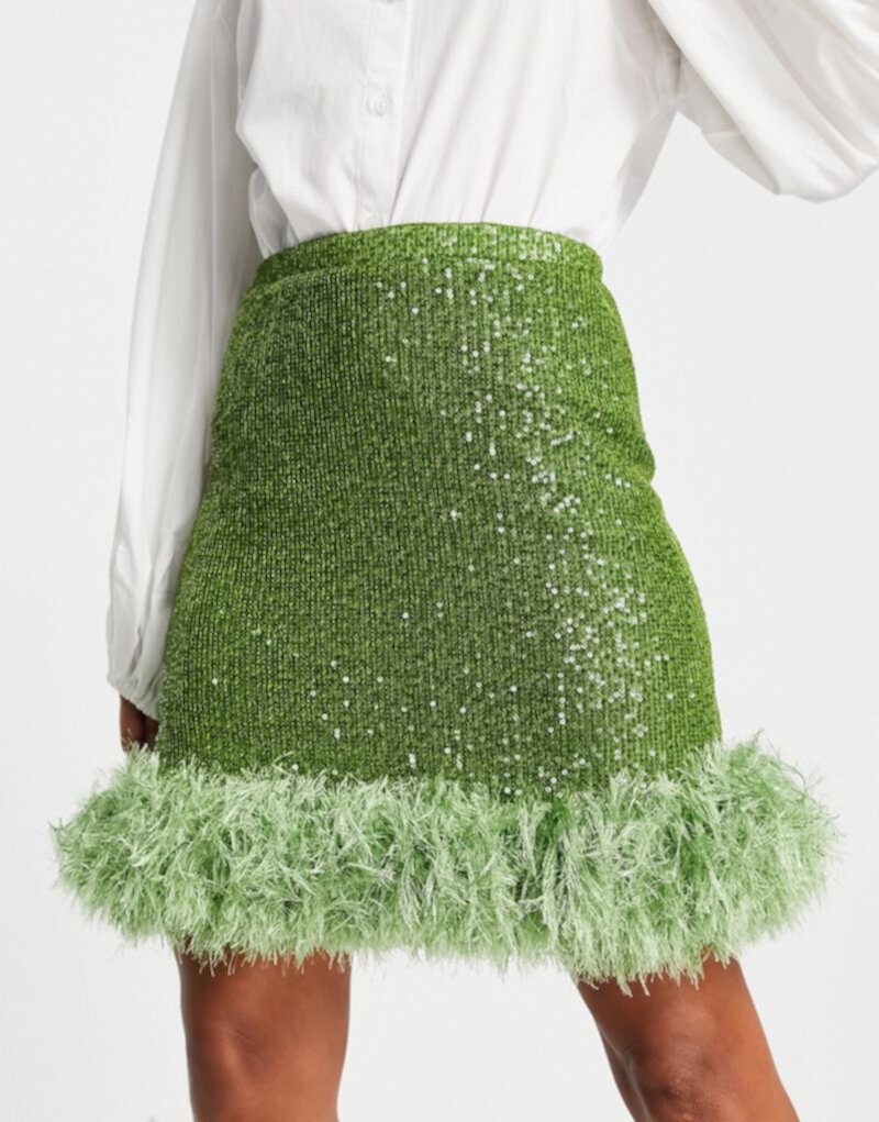 Мини-юбка Jaded Rose с отделкой из искусственных перьев и пайетками зеленого цвета лайма — часть комплекта Jaded Rose