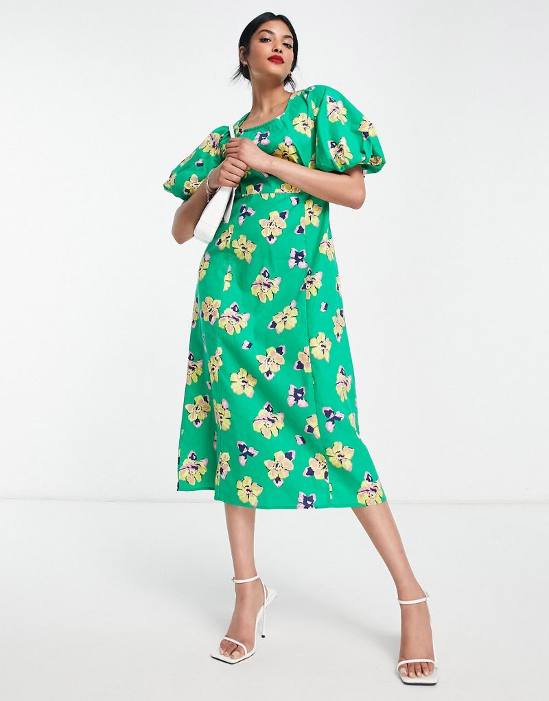 Платье миди Vero Moda объемного зеленого цвета с цветочным принтом VERO MODA