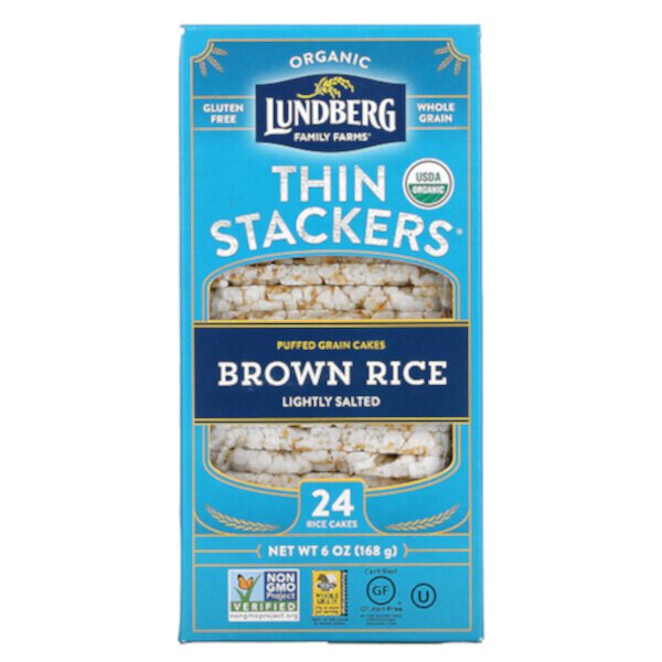 Organic Thin Stackers, Puffed Grain Cakes, Brown Rice, Lightly Salted,  24 Rice Cakes, 6 oz (168 g) Lundberg