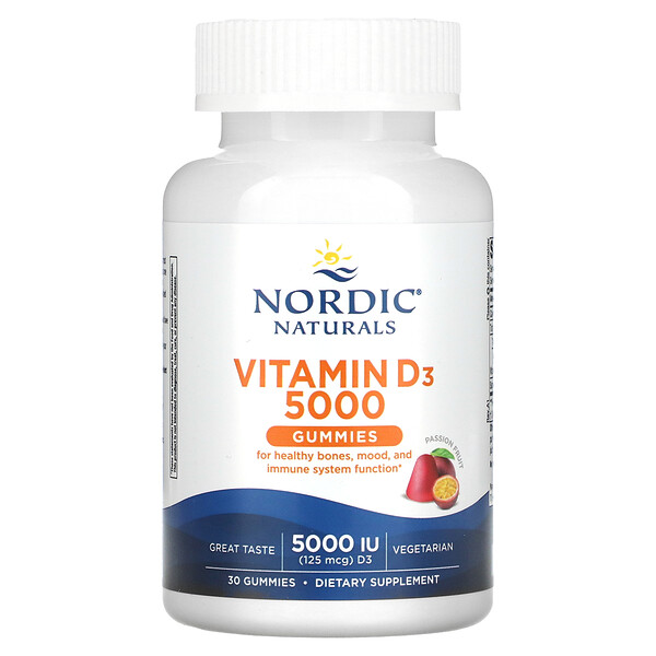 Жевательные конфеты с витамином D3, маракуйя, 5000 МЕ (125 мкг), 30 жевательных конфет Nordic Naturals