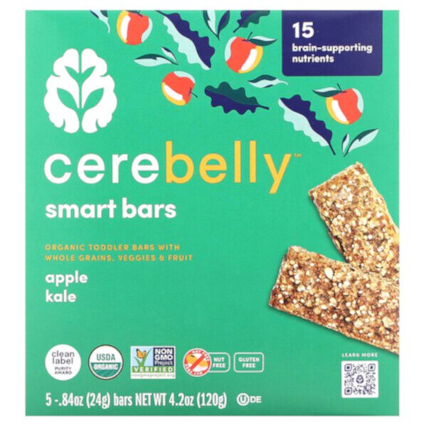 Smart Bars, Органические батончики для малышей, яблочная капуста, 5 батончиков, 0,84 унции (24 г) каждый Cerebelly