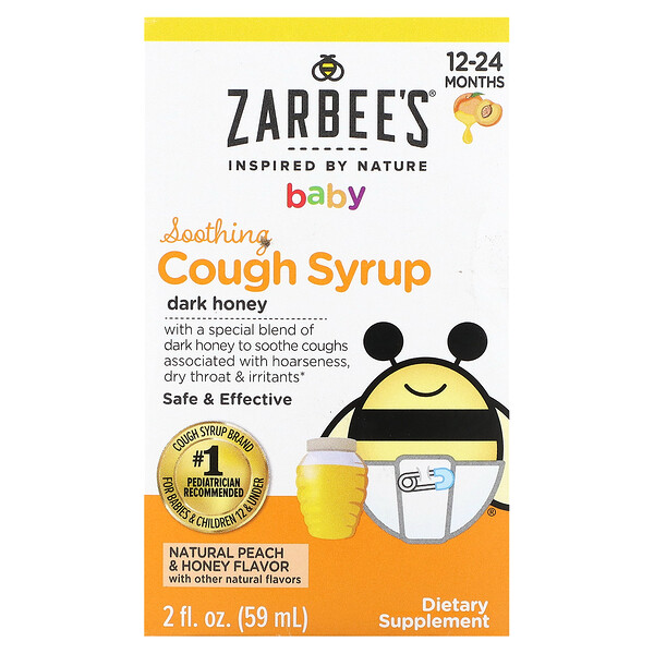 Baby, Успокаивающий сироп от кашля, 12–24 месяца, натуральный персик и мед, 2 жидких унции (59 мл) Zarbee's