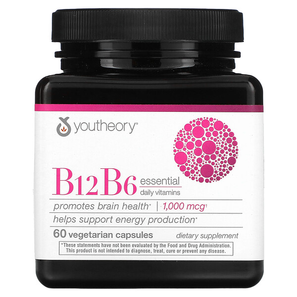 B12 B6, Необходимые Ежедневные Витамины, 1000 мкг, 60 Вегетарианских Капсул - Youtheory Youtheory