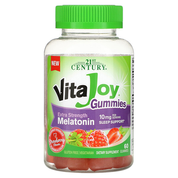 Vita Joy жевательные конфеты с мелатонином, повышенной прочности, клубника, 5 мг, 60 жевательных таблеток 21st Century