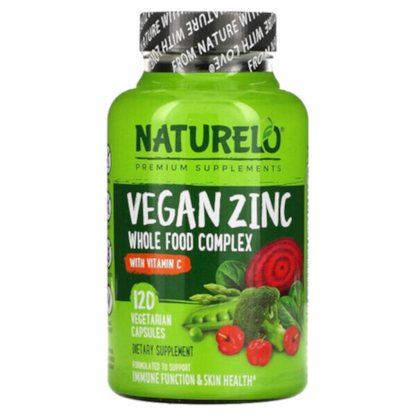 Веганский цинк с витамином С, 120 вегетарианских капсул NATURELO