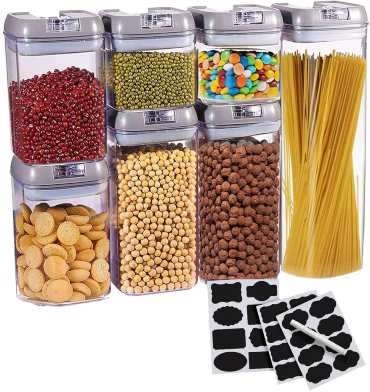 Набор для сбора Cheer, состоящий из 7 герметичных контейнеров для хранения продуктов — сверхпрочные контейнеры-органайзеры для кладовой, пластиковые контейнеры без BPA, а также сухостираемый маркер и этикетки, серый цвет Cheer Collection