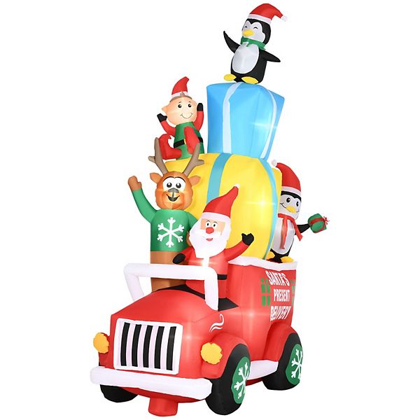 Outsunny 9ft Inflatable Santa Claus Drives a Gift Car with Elk, Elf and Two Penguins, Christmas Blow-Up Outdoor LED Yard Display for Garden, Lawn Outsunny