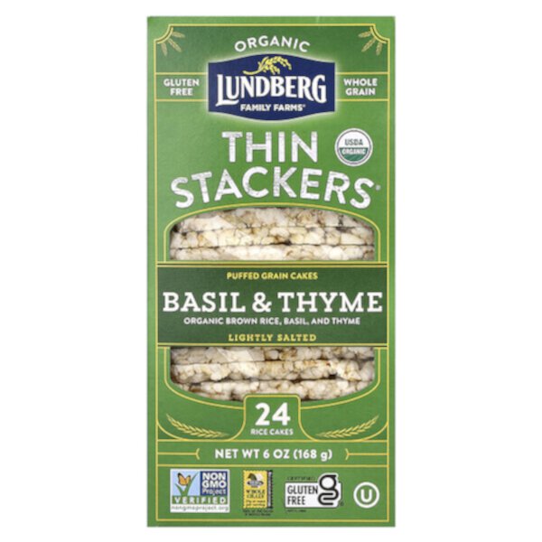 Organic Thin Stackers, Puffed Grain Cakes, Basil & Thyme, Lightly Salted, 24 Rice Cakes, 6 oz (168 g) Lundberg