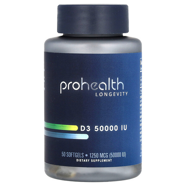 Витамин D3, 1250 мкг (50 000 МЕ), 50 мягких таблеток ProHealth Longevity