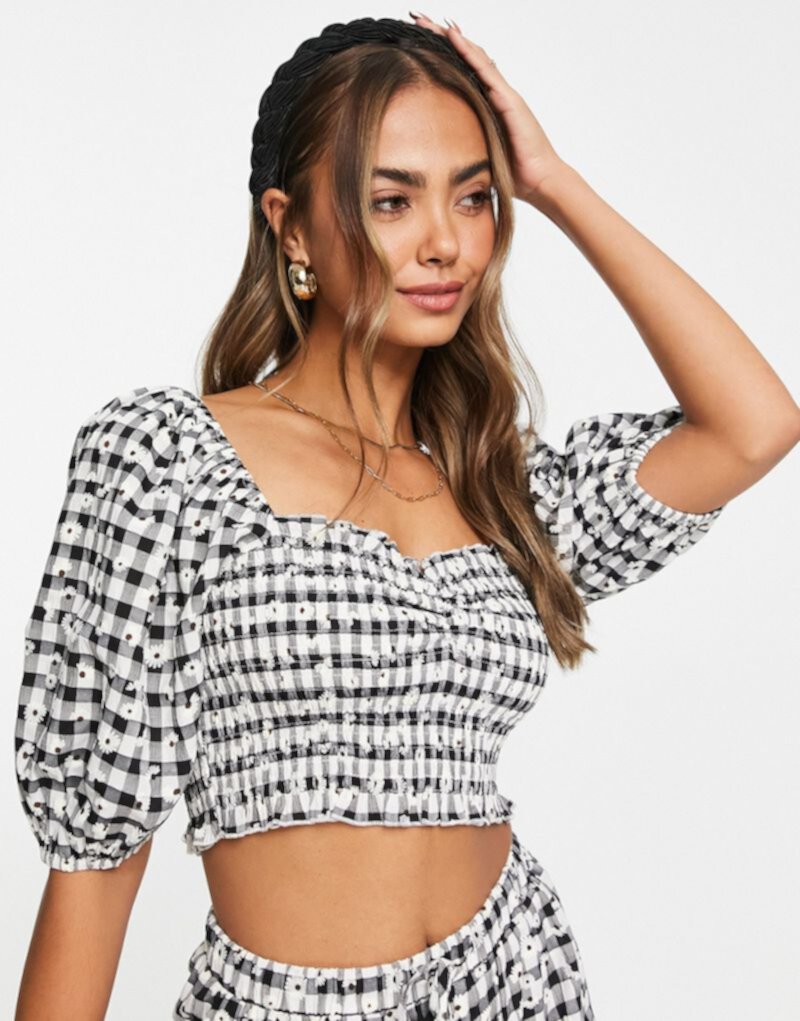 The Frolic shirred bust puff sleeve blouse in monochrome gingham - part of a set The Frolic