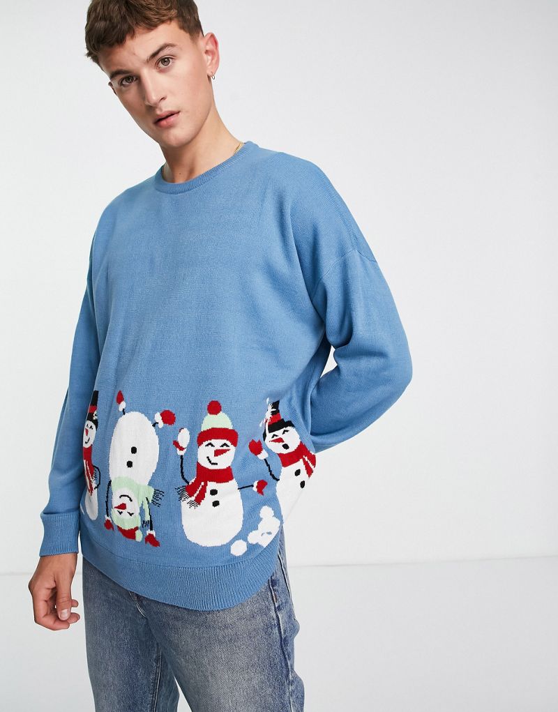 Синий рождественский свитер оверсайз с принтом снеговика и потертостями Threadbare