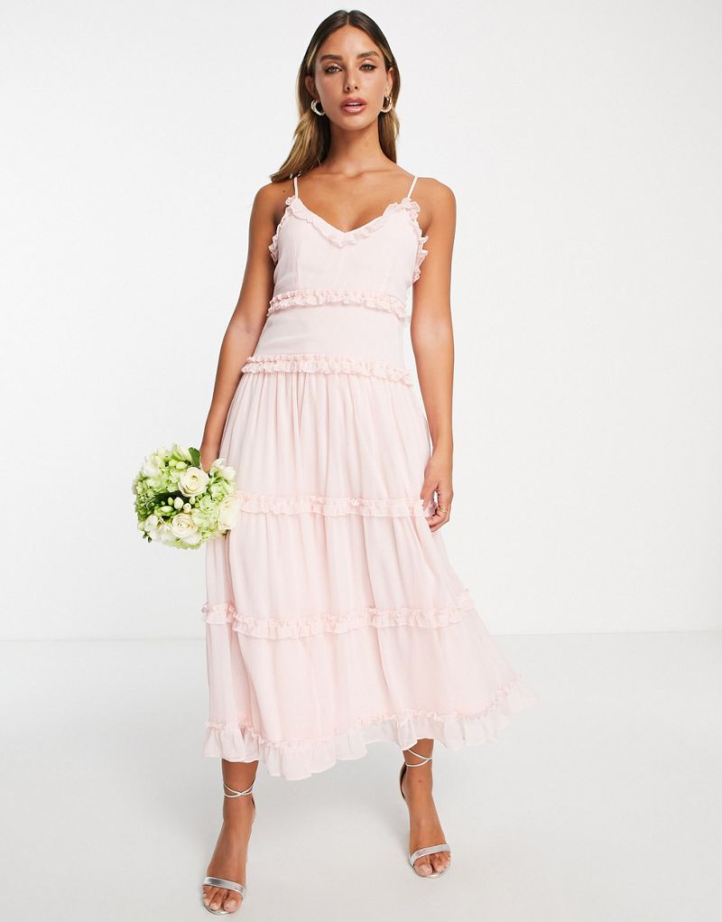 Розовое фактурное платье-комбинация миди с оборками Vila Bridesmaid Vila