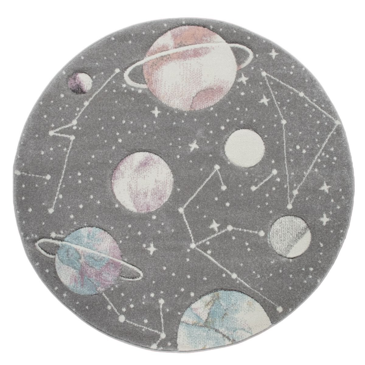 Space Rug for Kids Colorful Galaxy with Planets and Stars in Grey Paco
