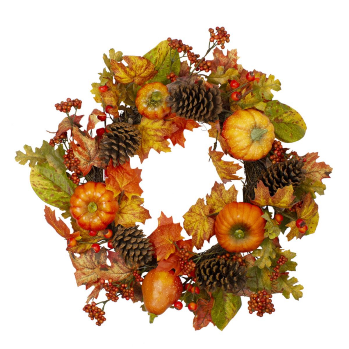 Orange Pumpkins  Pine Cones and Berries Fall Harvest Wreath - 24 inch  Unlit Christmas Central