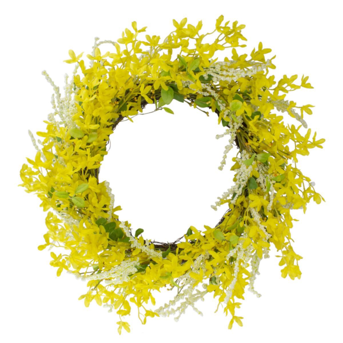 Jasmine and Leaves Artificial Floral Spring Wreath  Yellow - 22-Inch Christmas Central