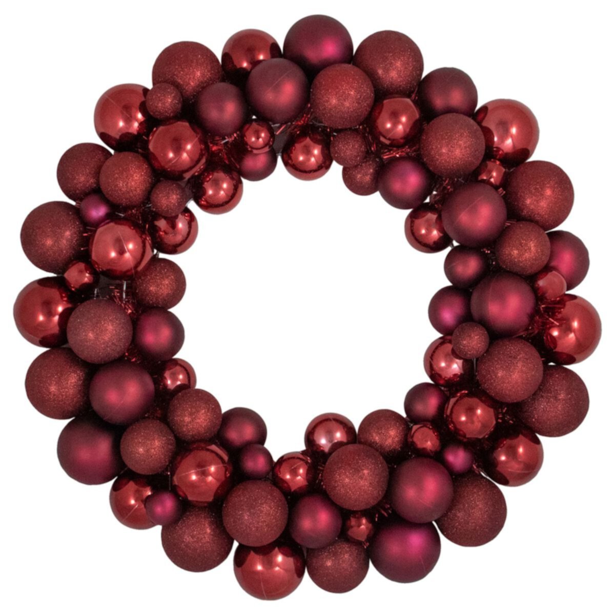 Burgundy 3-Finish Shatterproof Ball Christmas Wreath - 24&#34;  Unlit Christmas Central