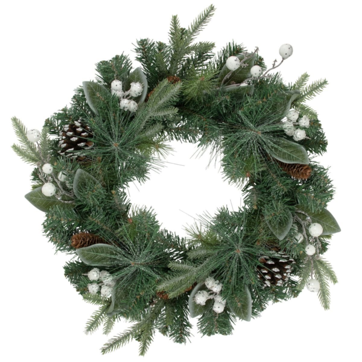 Frosted White Berry and Mixed Pine Artificial Christmas Wreath  24-Inch  Unlit Christmas Central