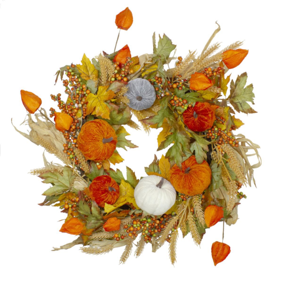 Velvet Pumpkins and Wheat Artificial Fall Harvest Wreath - 24-Inch  Unlit Christmas Central