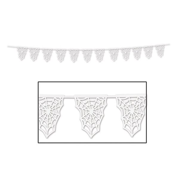 Club Pack of 12 White Die-cut Spider Web Halloween Pennant Banners 15' Party Central