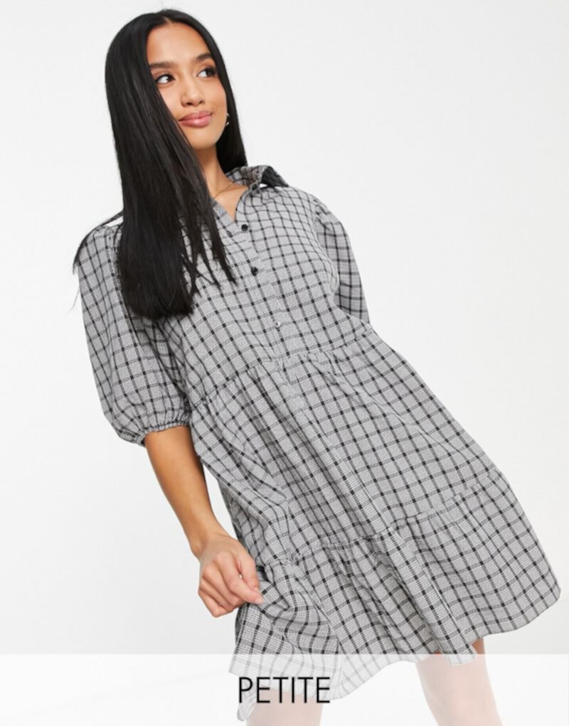 Платье-рубашка в серую клетку с пышными рукавами Miss Selfridge Petite Miss Selfridge