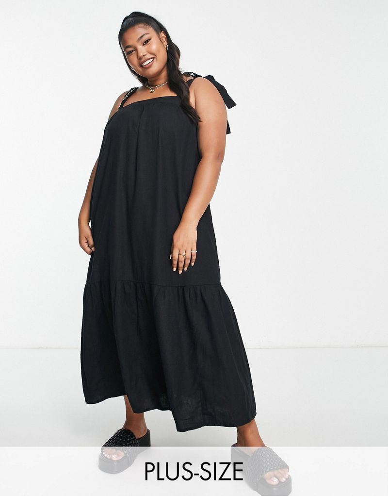Черное ярусное платье миди с квадратным вырезом и завязками New Look Curve New Look