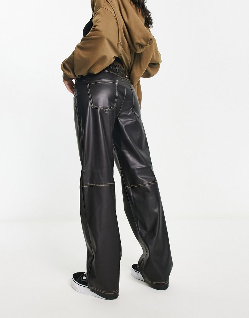 Черные брюки для папы из искусственной кожи с завышенной талией и контрастной строчкой ONLY