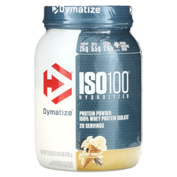 ISO100 гидролизованный, 100 % изолят сывороточного протеина, изысканная ваниль, 1,34 фунта (610 г) Dymatize