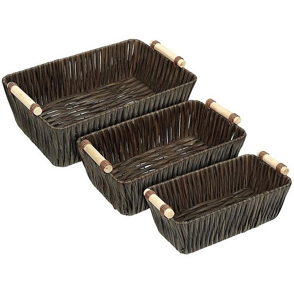 Wicker Basket, Woven Storage Baskets with Light Wooden Handles (Brown, 3 Pieces) Juvale