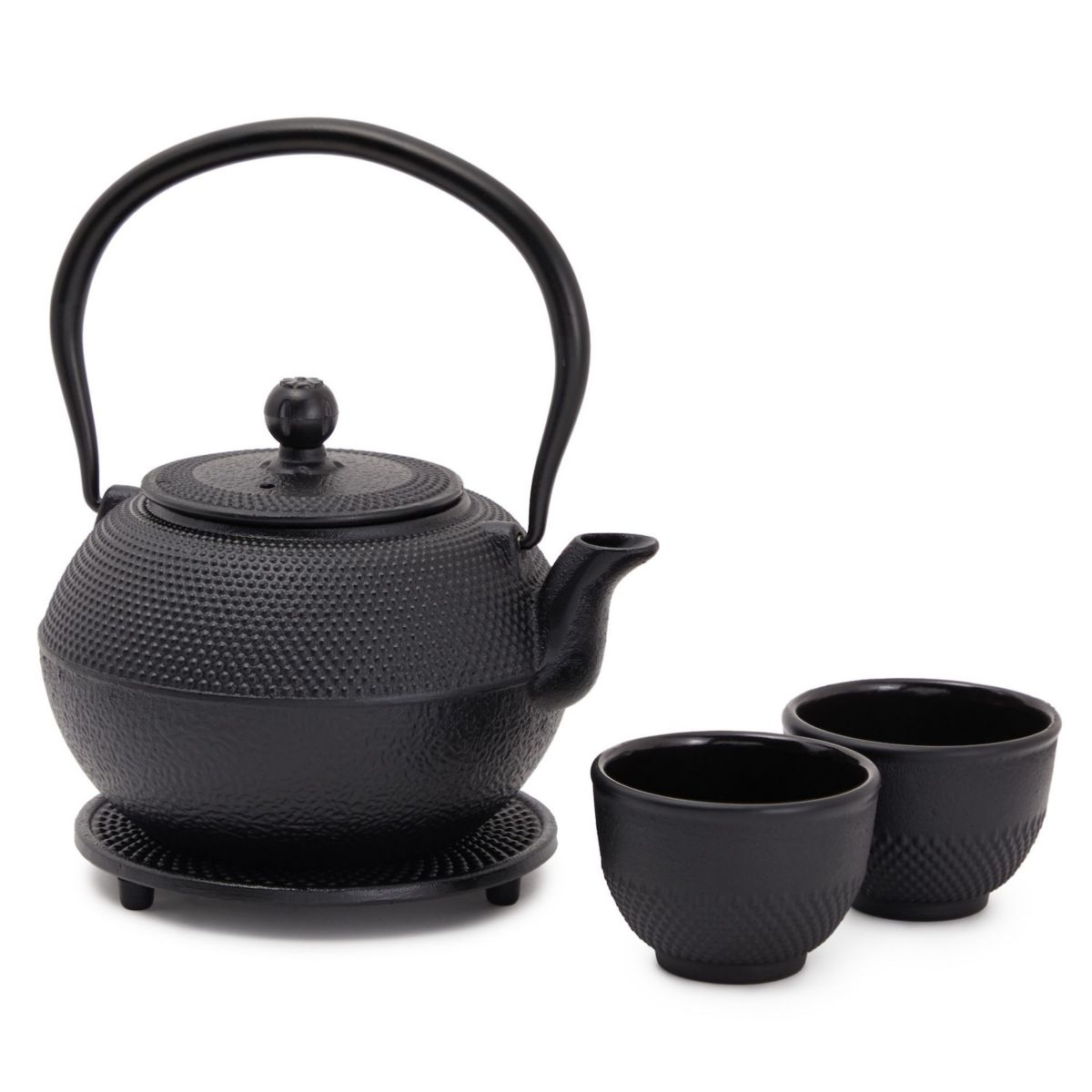 Чугунный чайник, японский чайник тэцубин, набор из 2 чашек, заварник для чая (1200 мл, черный) Juvale