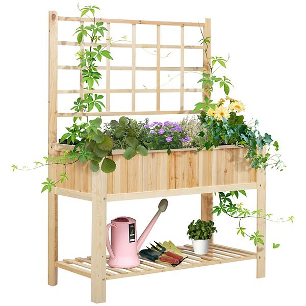 Outsunny 47'' Wooden Raised Garden Bed with Trellis Coutryside Style Elevated Planter Box Stand with Open Storage Shelf Spacious Planting Area for Vegetables Herbs Flowers Outsunny