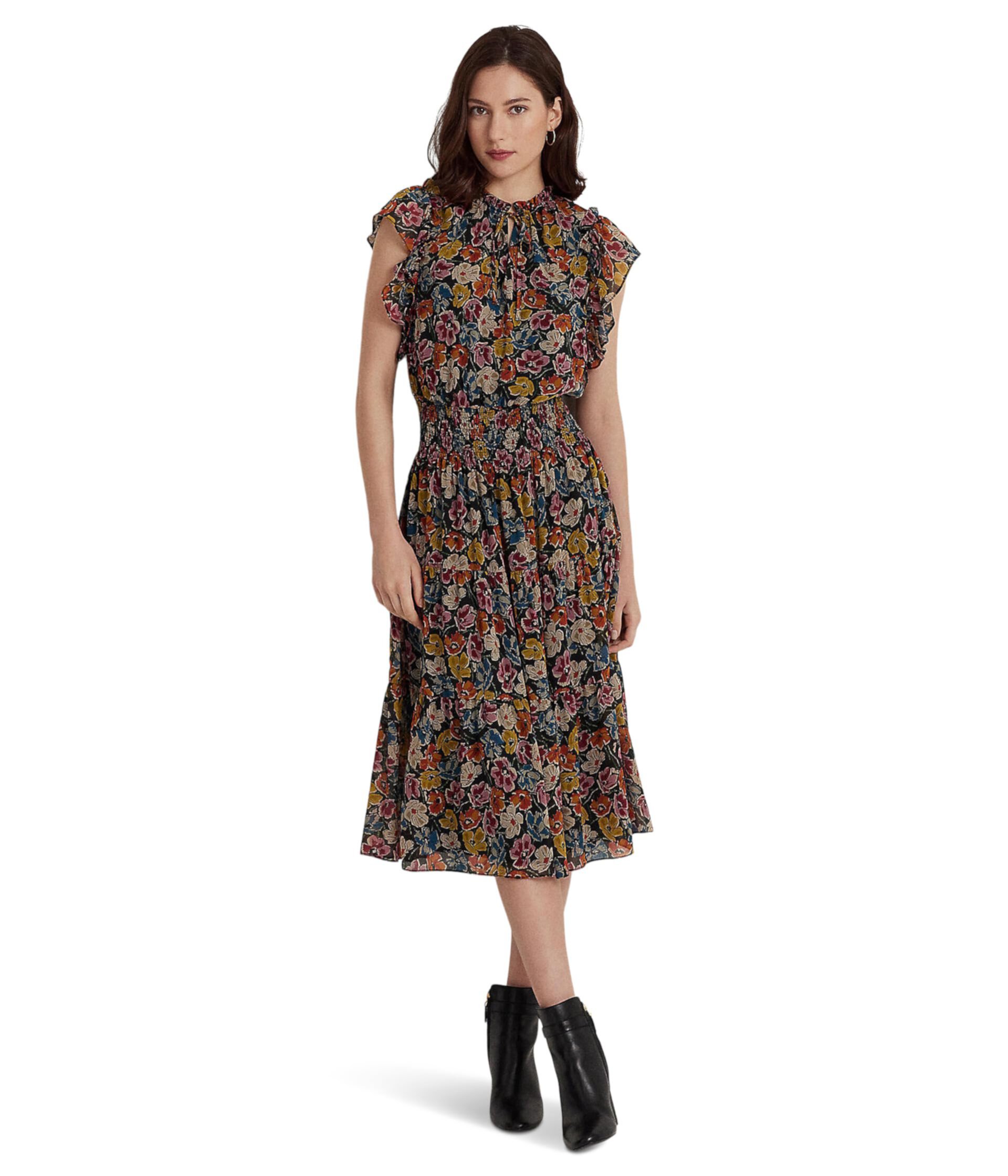 Платье из жатого жоржета с цветочным принтом и завязками на шее Ralph Lauren