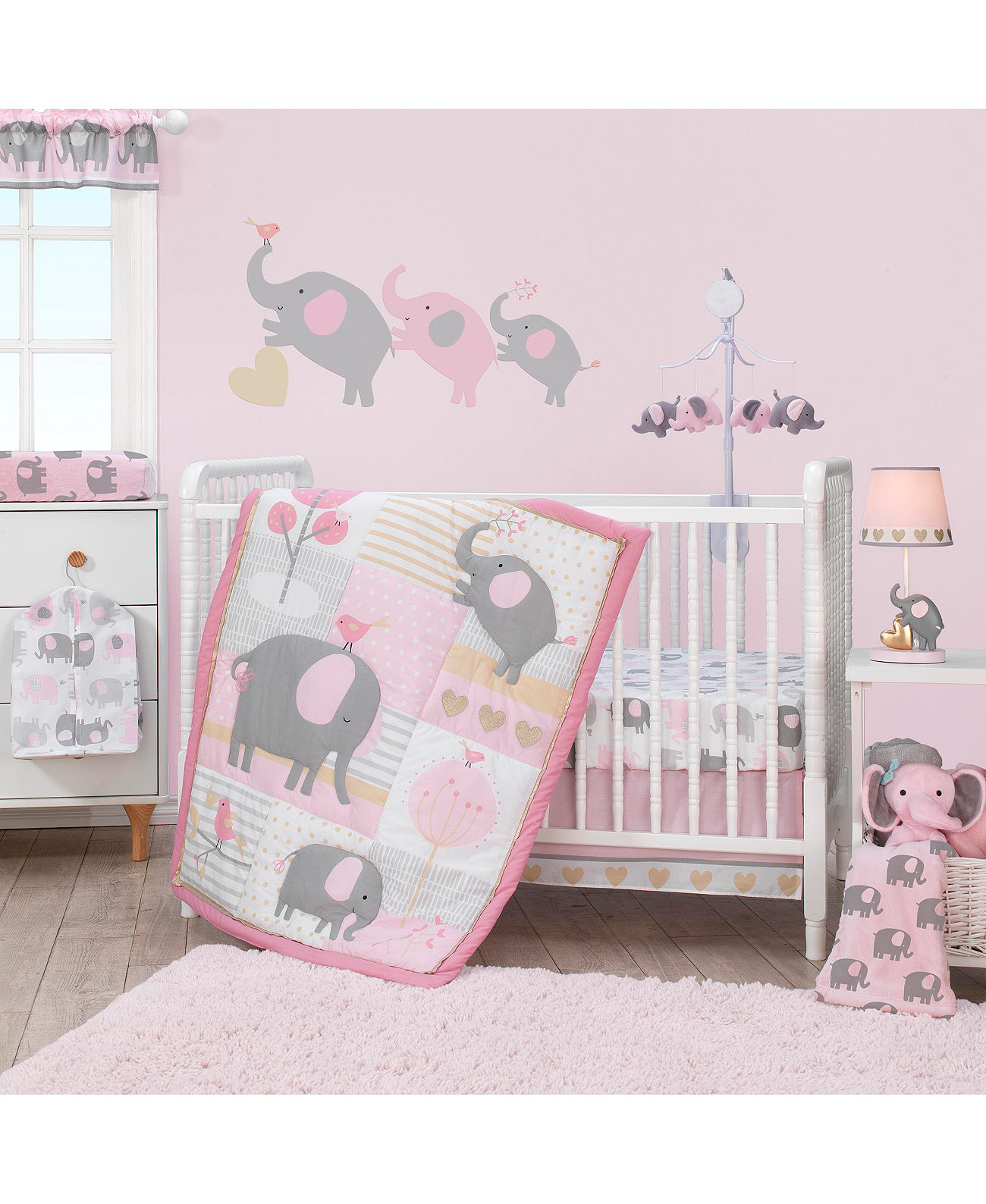 Комплект постельного белья для детской кроватки Eloise из 3 предметов: розовый/серый/золотой/белый слон Bedtime Originals