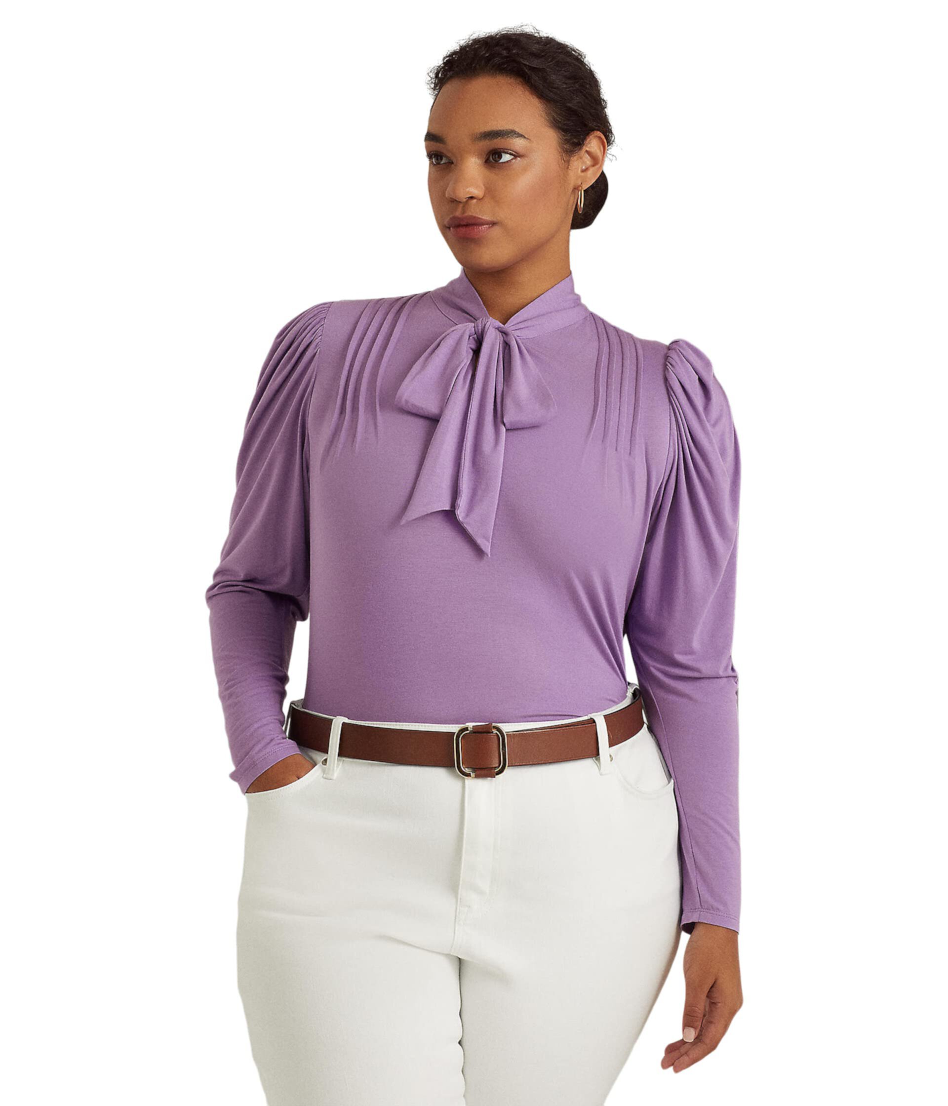 Plus Size Pleated Jersey Tie Neck Top LAUREN Ralph Lauren