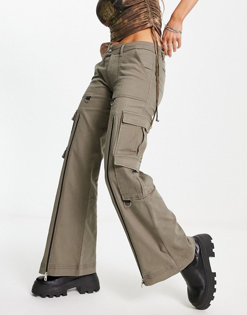 Расклешенные брюки карго с заниженной талией и молниями цвета хаки Basic Pleasure Mode Basic Pleasure Mode