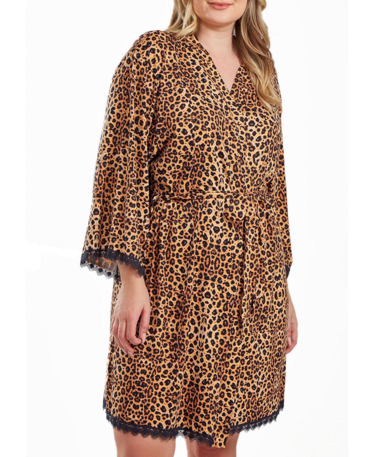 Chiya Большой размер Леопардовый халат с поясом на завязках и кружевной отделкой по подолу ICollection