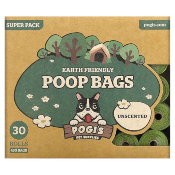 Earth Friendly Poop Bags, Unscented, 30 Rolls, 450 Bags Pogi's Pet Supplies