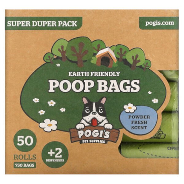 Earth Friendly Poop Bags, Super Duper Pack, Powder Fresh, 50 Rolls, 750 Bags, 2 Dispensers Pogi's Pet Supplies