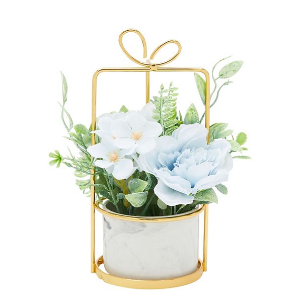 Faux Hydrangea Flowers and Ceramic Planter with Stand, Artificial Potted Plants Juvale