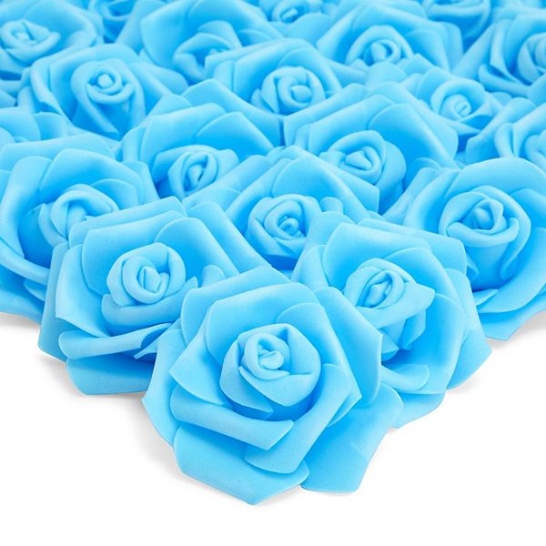 100 Pack Light Blue Artificial Rose Flower Heads, 3-Inch Stemless Flowers for Weddings, Bouquets, DIY Crafts Juvale