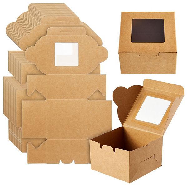 Cake Box  25 Pack Disposable Pastry Box, Kraft Paper Bakery Box with Display Window for Mini Cake, Cupcake, Cookie, Dessert, Donuts, Pastry - 4 x 4 x 2.3 Inches, Brown Juvale