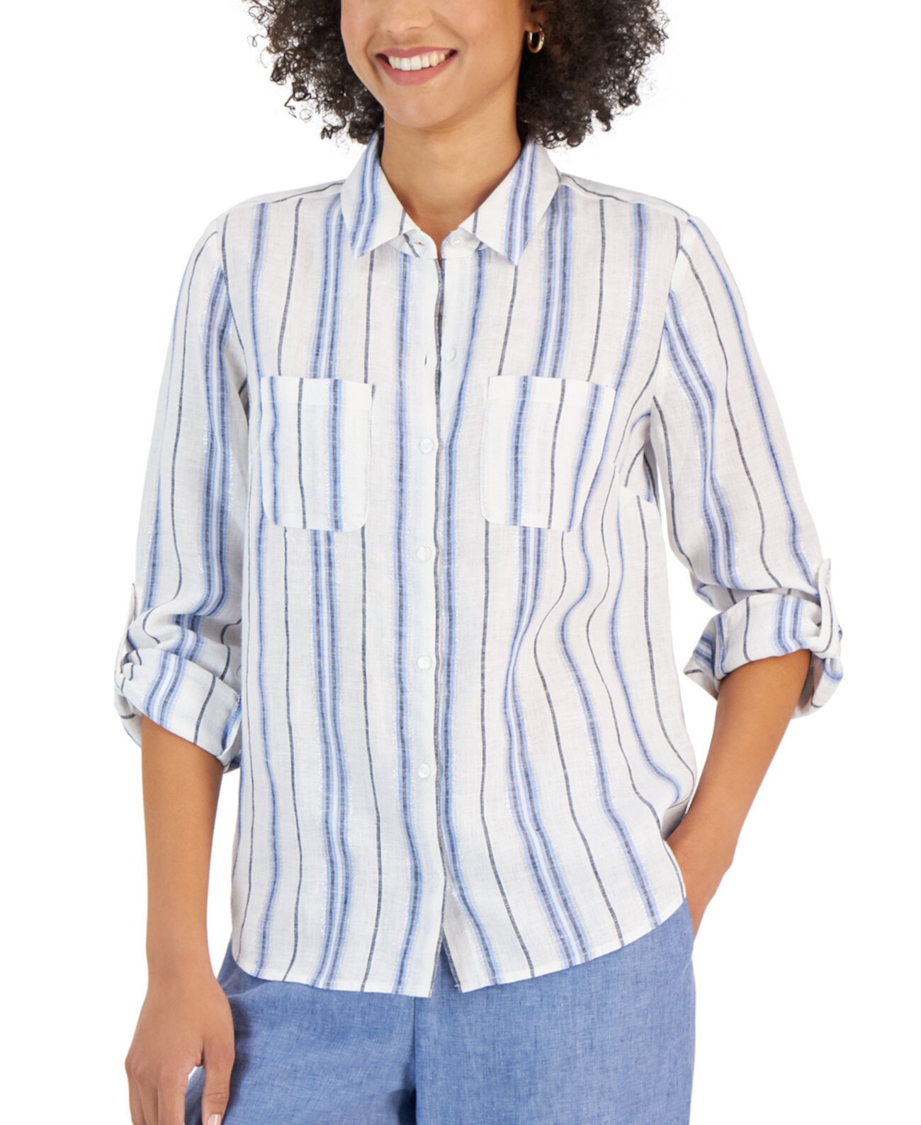 Миниатюрная льняная рубашка в полоску с пуговицами спереди, созданная для Macy's Charter Club