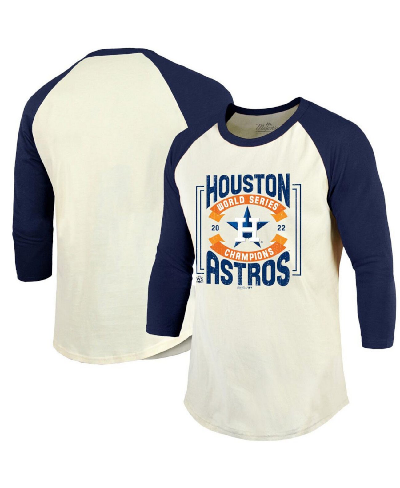 Кремовые мужские нити, темно-синий Футболка Houston Astros 2022 World Series Champions Divide And Conquer Tri-Blend с рукавами 3/4 и регланом Majestic