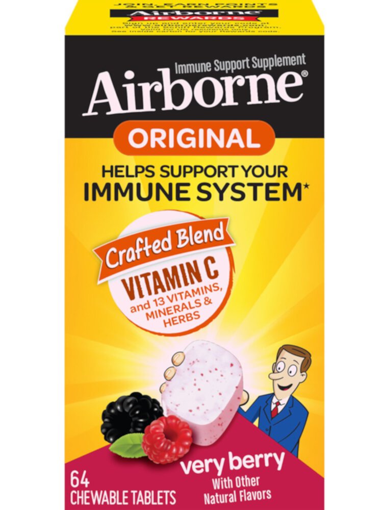 Жевательные таблетки с воздушно-капельным путем Berry Vitamin C &amp; Е &ампер; Цинковая иммунная поддержка -- 64 жевательные таблетки AirBorne